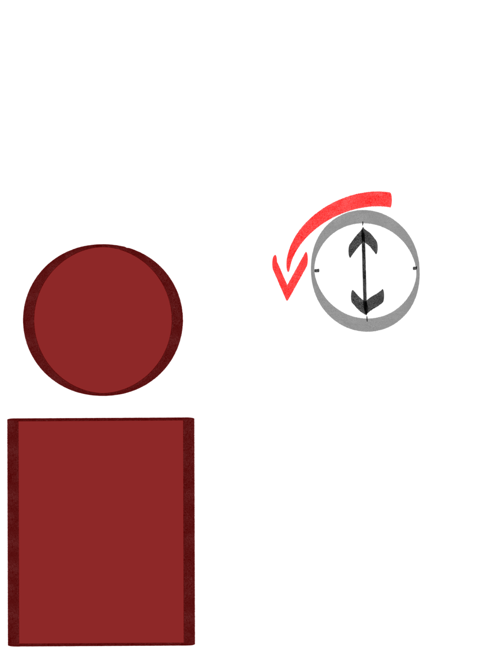  A simple drawing of a red person made of a rectangle body and circle head with a thought bubble next to them. Inside the thought bubble is a clock with an arrow above it pointing counterclockwise.